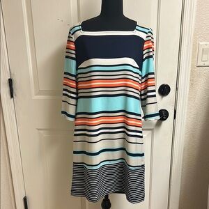 Merona Size S/P Teal Beige Cream Coral Dress Women Stylish Modern Cut, EUC